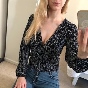 Zara Silky Long Sleeve Polka Dot Wrap Top